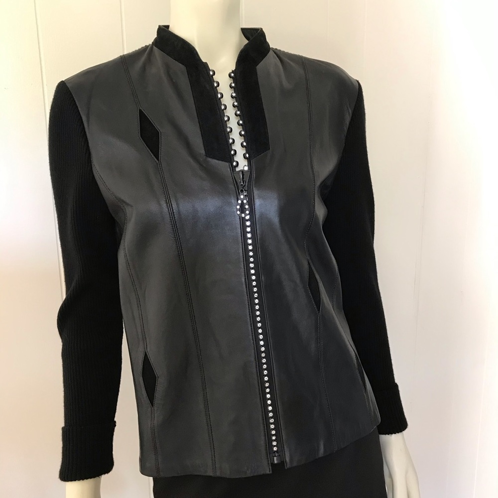 Black leather fabric jacket with rhinestone zipper